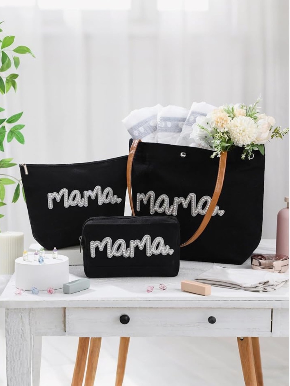 Black 'Mama' Tote & Pouch 3 piece Set with Contrast Handles ✨NEW✨